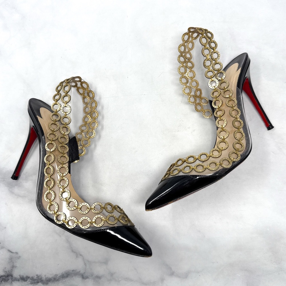 Christian Louboutin Malaika 100 Patent Leather Pointed Toe Slingback Heels Black